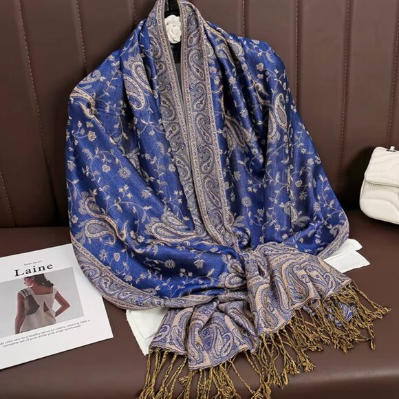 Royal Blue and beige reversible pashmina scarf shawl wrap, Unisex Holiday gift - Picture 3 of 4